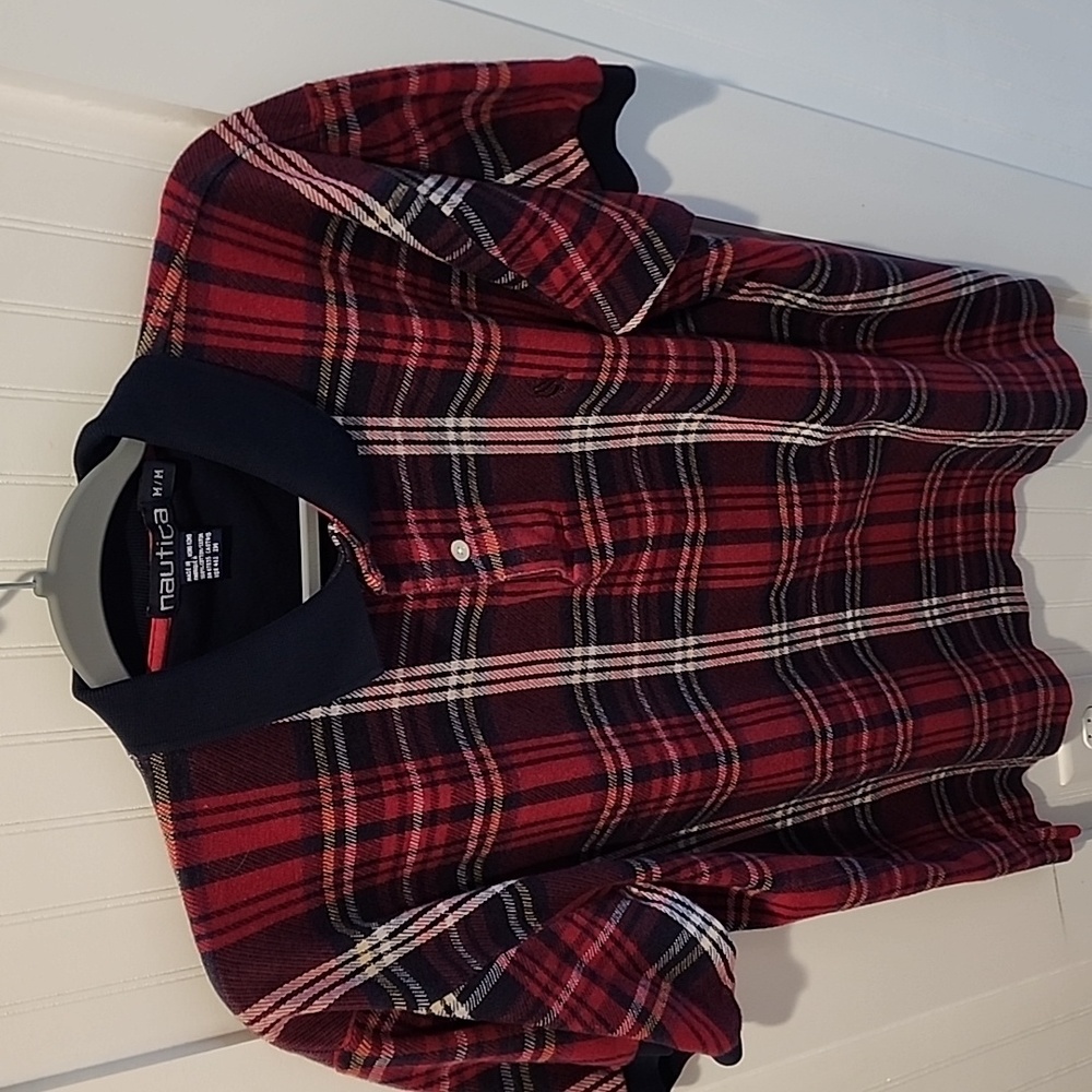Nautica polo shirt Men's M Red and Navy Tartan plaid